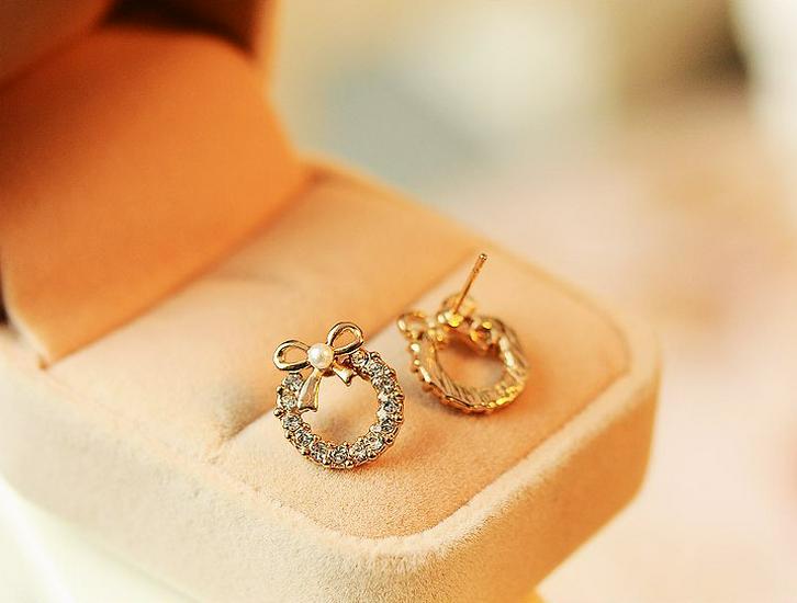 Korean Style Rhinestone Pearl Bow Earrings