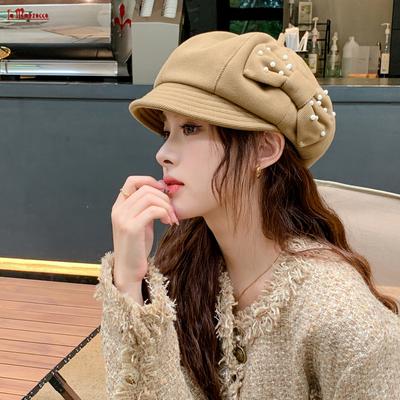 Hat Female Japanese Early Autumn Spring And Autumn Thin Octagonal Hat Versatile Pearl Bow Big Head Circumference Small Newsboy Hat