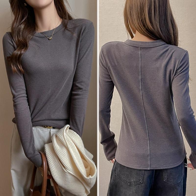Women's Autumn And Winter Solid Color T Shirt With Brushed Long Sleeved Base Underneath