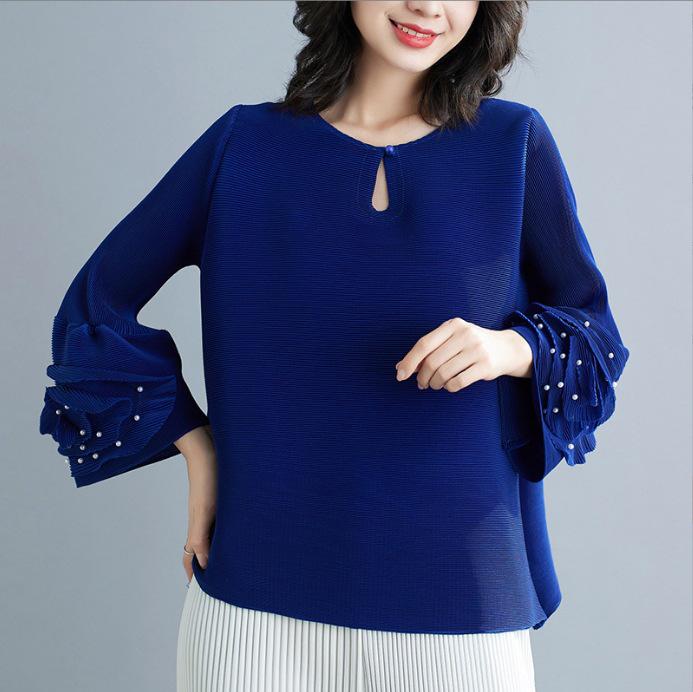 Damen Plissee Oberteil mit ausgestellten Ärmeln und Perlen-Rundhalsausschnitt