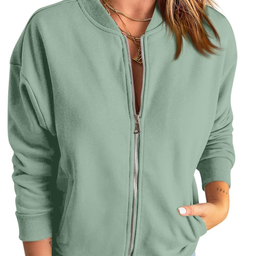 Женская однотонная куртка на молнии, модный повседневный кардиган с длинным рукавом, спортивный кроп-топ S зелёный
