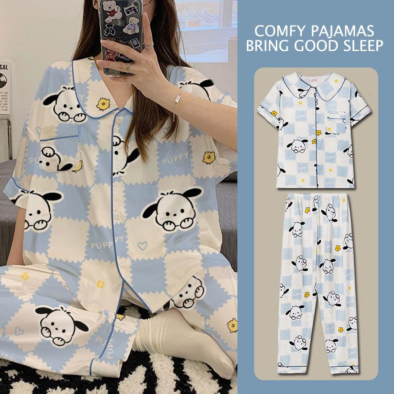 Japanese Kitty Cat Pajamas Women's Summer Thin Short-sleeved Trousers Loose Plus Size Girl Raw Loungewear Set