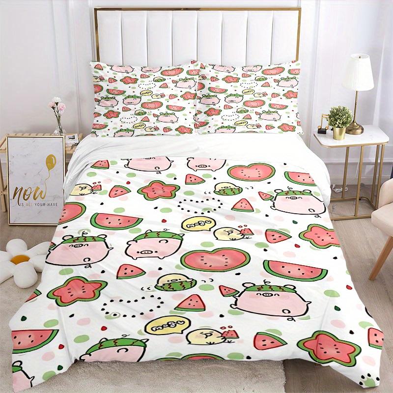 3pcs Watermelon Pigs Print Bedding Quilt Cover, Soft and Comfortable Quilt Cover Suitable for Bedroom and Guest Room180