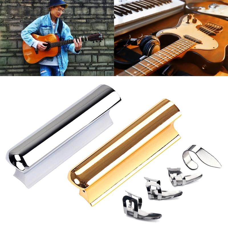 Guitar Slide Stainless Steel Tone Bar Guitar Lap Slide Tone Bar with 3Pcs Finger Picks & 1Pc Thumb Pick for Guitar Bass