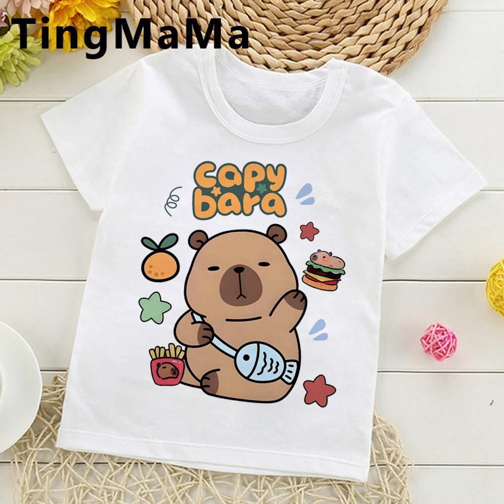 Women Men Capybara Tees Short Sleeved Clothes Boys Girls Round Neck Tops Couple Cute Cartoon Capybara