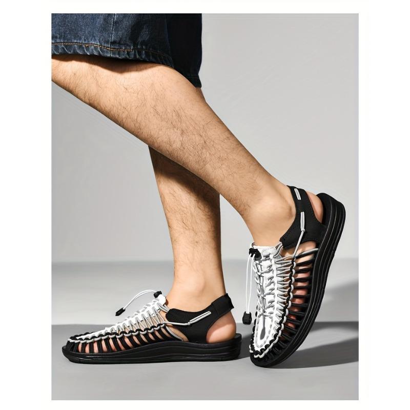 Men's Knitted Closed Toe Summer Sandals, Breathable and Non Slip Shoes with Elastic Shoelaces, Suitable for Outdoor Leisure, Spring and Summer Wear