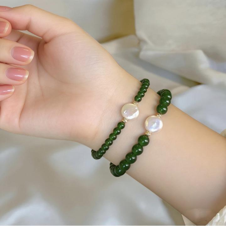 Green Chalcedony & Baroque Freshwater Pearl Adjustable Elastic Bracelet - New Chinese Style Agate Beaded Design