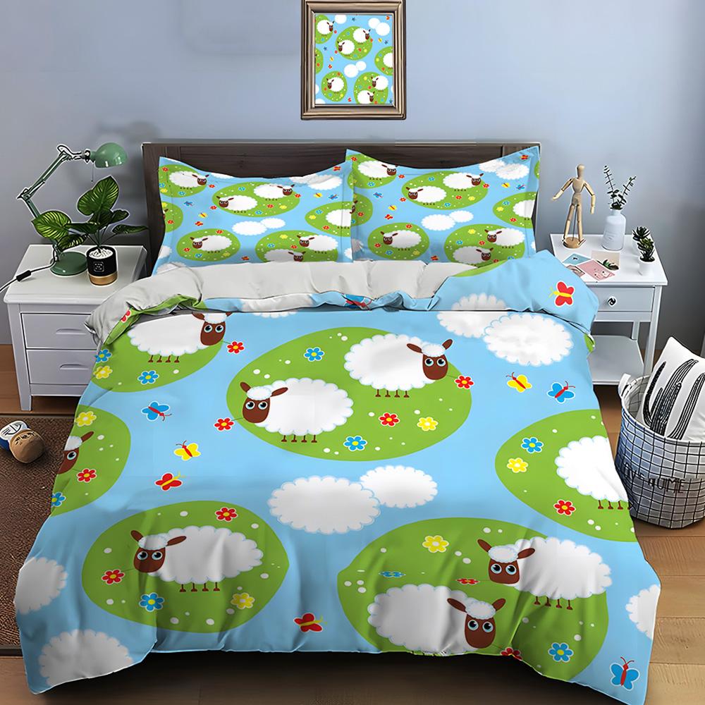 Cartoon Sheep and Butterflies On Grass Print Soft Comfortable Duvet Cover Bedding Set Included 1*Duvet Cover 2*Pillowcases
