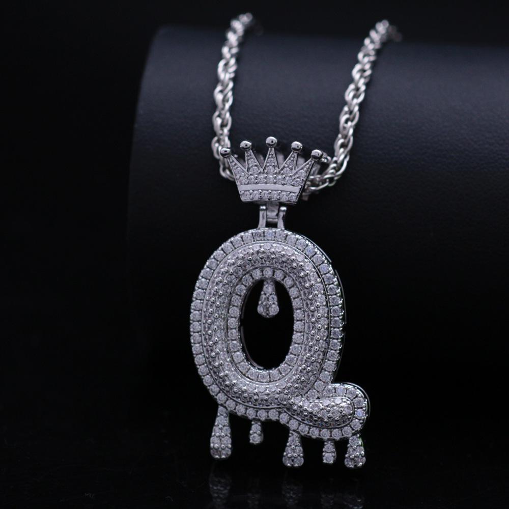 Stylish Hip Hop Zircon Crown Pendant Necklace with 26 English Letters for Women