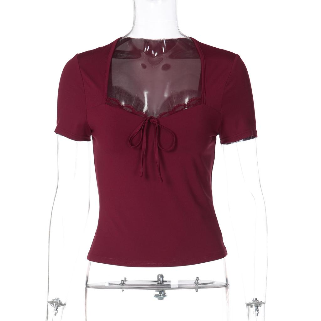 Women's Winter New Fashion Lace Lace Up Slim Spice Girls Short Sleeve Top T-Shirt Women