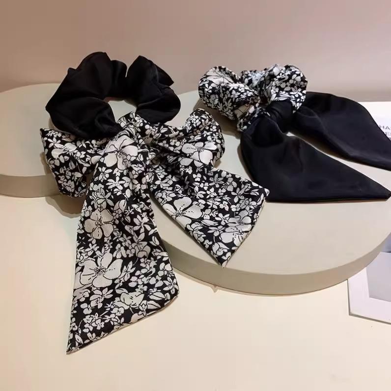 Simple Black and White Floral Headwear Bow  Low Ponytail Hair Accessory  Ribbon  Large Intestine Hair Band