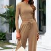 2 Pcs/Set Women Top Pants Suit Round Neck Long Sleeves Slim Fit Top High Waist Drawstring Wide Leg Trousers Tracksuit Casual Daily Wear Outfit