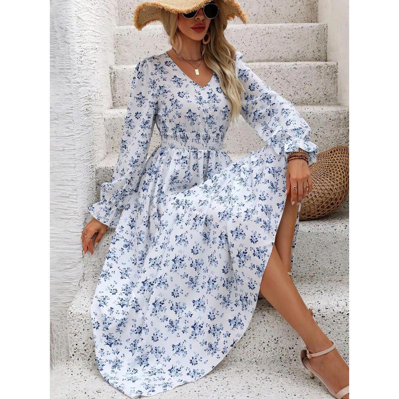Women's V Neck Long Puff Sleeve Floral Maxi Dress Slim Fit High Waist Street Casual Dress