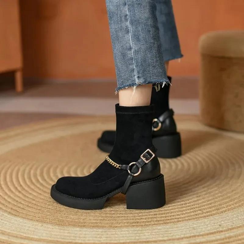 Women's Square Heel Ankle Boots Autumn Winter Chain Black Fashion Long Knee-high Boots Women Shoes Outdoor Slip-on Women's Boots