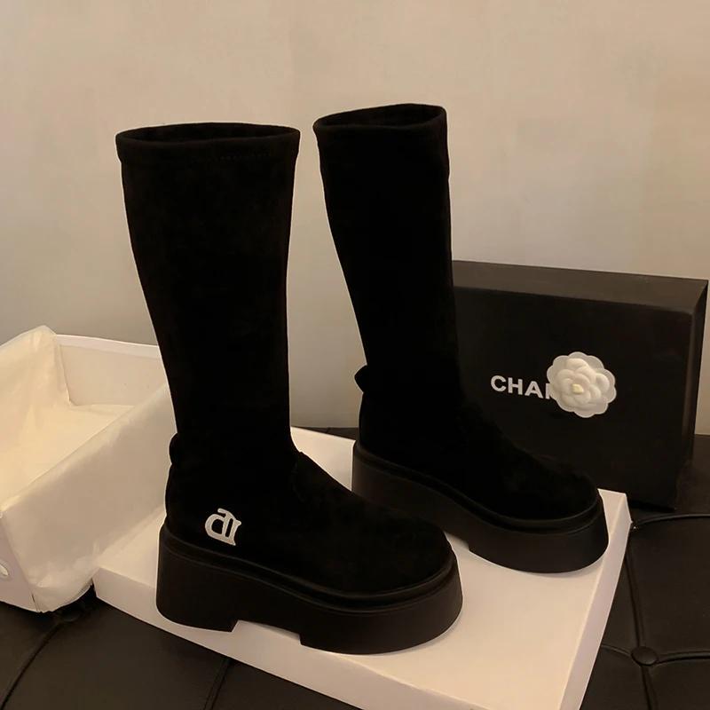 Strečové dámské kozačky nad koleno Módní nazouvací boty Podzim Zima Platformové baleríny Dámské rytířské dlouhé kotníkové boty