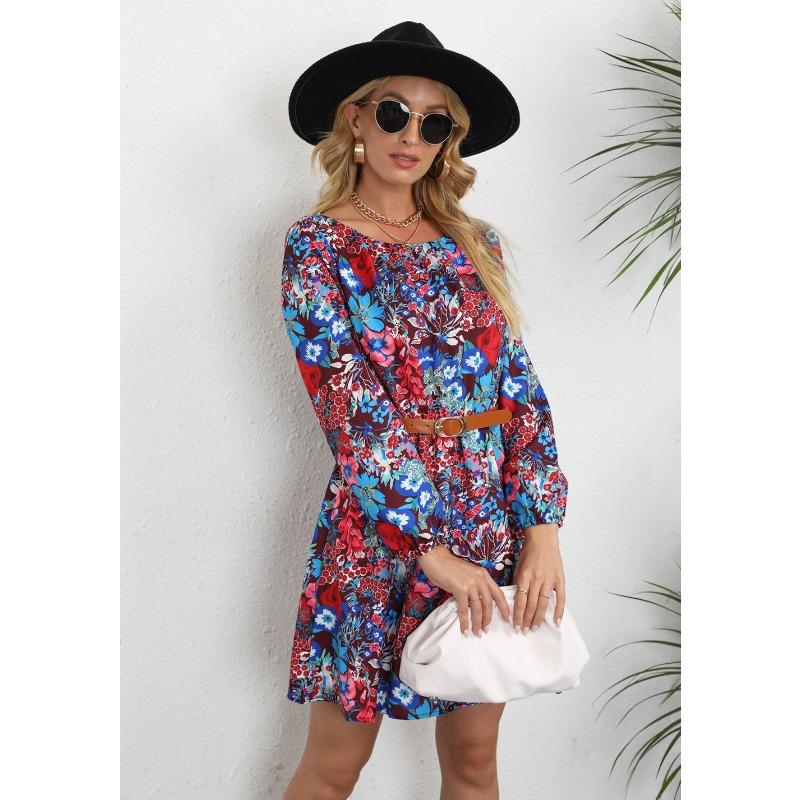 Autumn Women's Printed Waist Closed Round Neck Long Sleeve Dress
