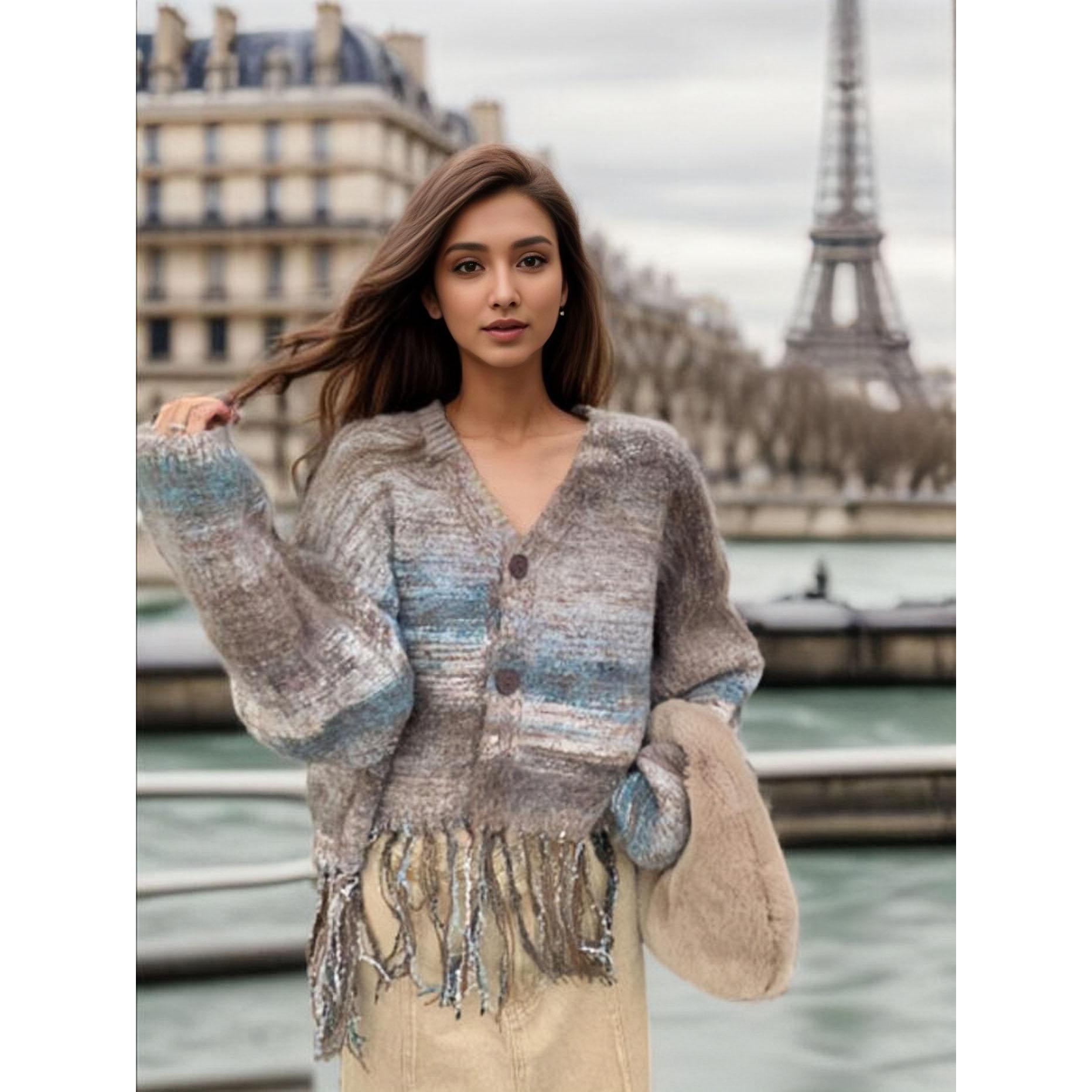 

Женская осенне-зимняя свободная рубашка, цветной вязаный женский однорядный кардиган на пуговицах с бахромой, свитер для женщин M синий