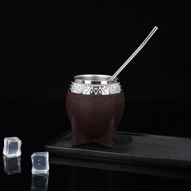 Stainless Steel Double-layer Mate Cup With Straw Texture Eggshell Cup Perfect For Yerba Mate Tea Drinking Yerba Mate Cup New