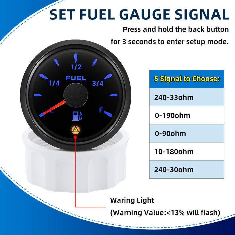 7 Color Backlight 52mm Fuel Level Gauge With Flashing Alarm 0-190ohm 240-33ohm 0-90ohm Oil Tank Meter Digital pointer Gauge