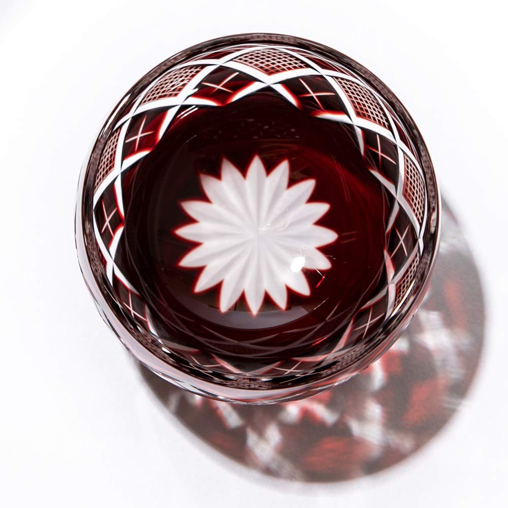 [Official Taiburo Workshop] Edo Kiriko Yarai Nanko Crest Sake Cup (Red) TB90232R, Wooden Box, Made In Japan