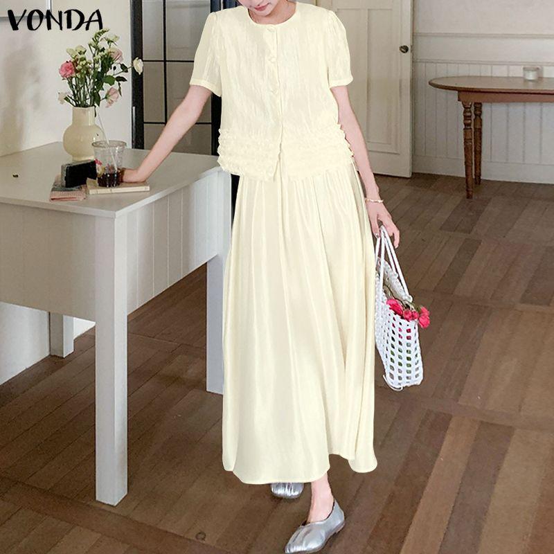 VONDA Women Outfits Short Sleeve Ruffled Blouse and Skirts Casual Two Piece Suit Elegant Sets