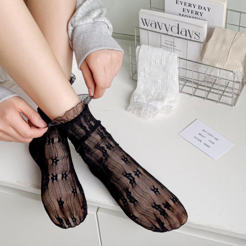 Lolita Women'S Socks Spring And Summer Thin Mesh Socks Japanese Jk Black And White Medium Tube Lace Stockings Sweet Love Lace Socks