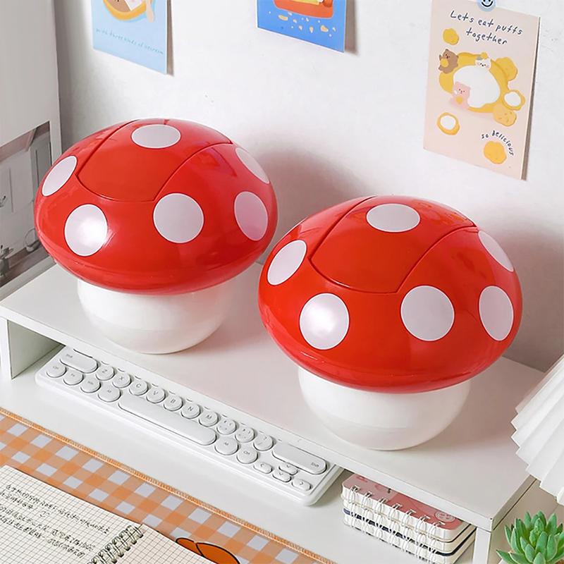 Cute Garbage Can Waste Bin With Lid Detachable Collect Rubbish Red Mushroom Table Desk Binwastebaske Mini Household Accessories