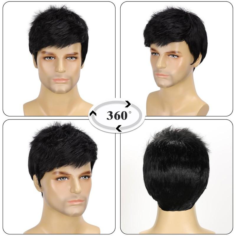 Mens Short Straight Wig With Side Bangs Heat Resistant Synthetic Hair Natural Look Any Face Shape