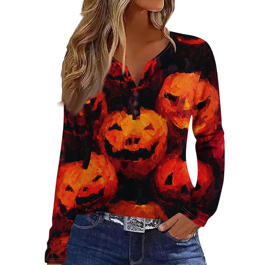 Women's Casual Long Sleeve V-Neck T-Shirt with Halloween Print and Decorative Buttons