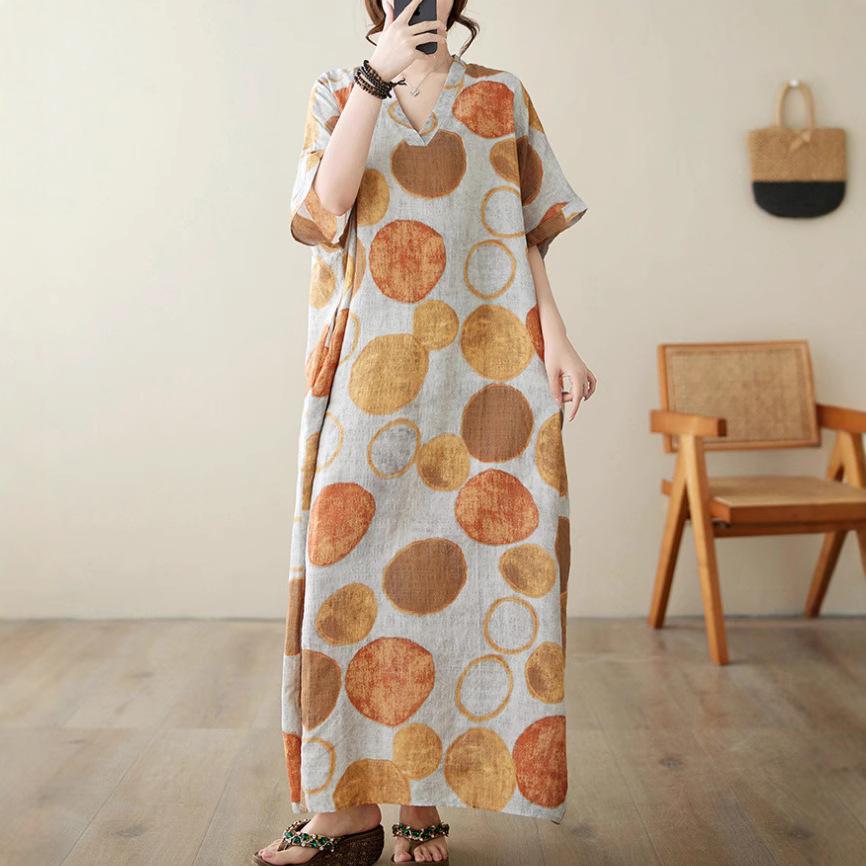 Summer Plus Size Loose Fit Vacation V-Neck Short Sleeve Maxi Dress Women Beach