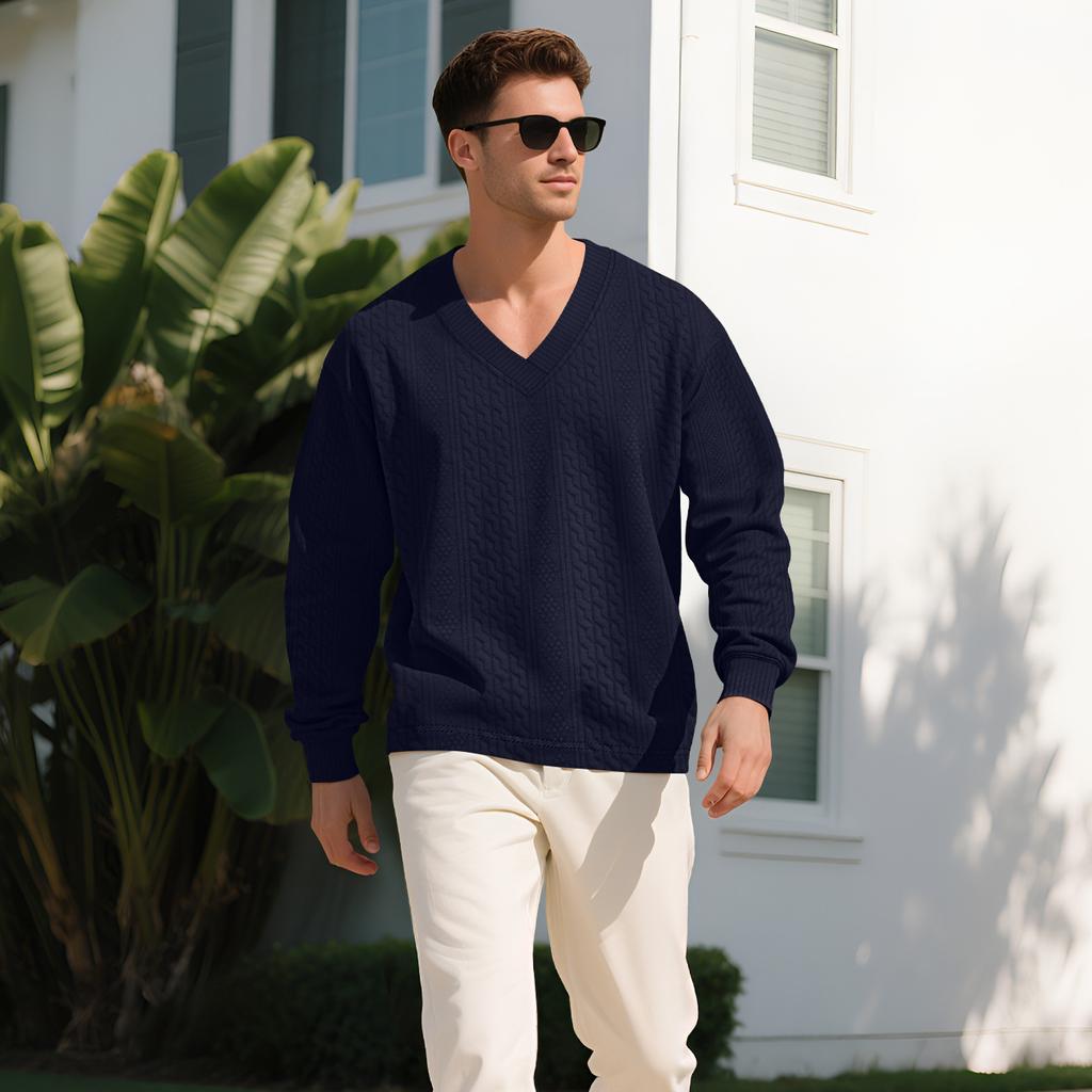 Men Vertical Cable Jacquard Textured V Neck Sweatshirt Ribbed Cuffs Long Sleeve Loose Fit Solid Color Spring Fall Daily Smart Casual Pullover Top