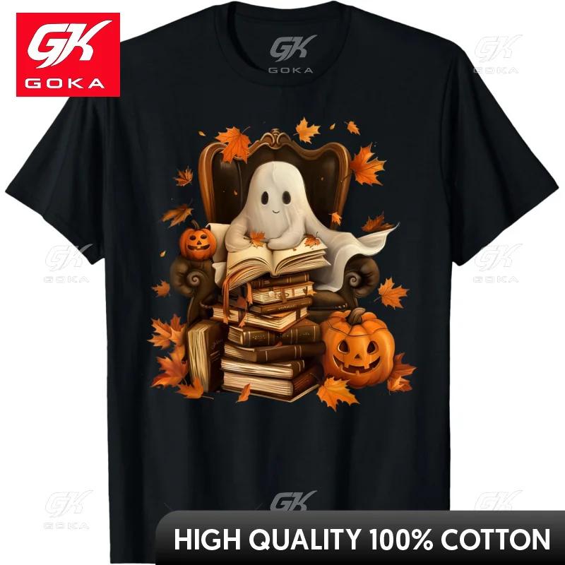 Retro Ghost Elf Book Reading Pumpkin Gothic Halloween Teacher Boy T Shirt Casual Clothing Tops Cool Hip Hop Tees Unisex T Shirts S