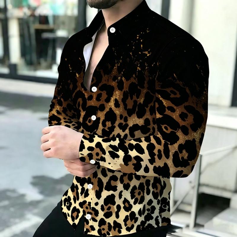 Men's Shirt Personalized Printed Long Sleeve Shirt Black Brown Contrasting Design Sense Shirt Street Trendy Men's Wear