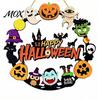 Scary Party Supplies Halloween Wooden Wreath Door Hanger Sign, Pumpkin Ghost Black Cat Witch Rustic Wall Art Bat Patterns, Hanging Plaque for