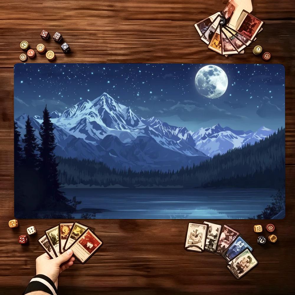 Neon Mountain Forest Moon Landscape Game Play Mat Smooth Thick Rubber Base For Card Tabletop Gaming And Computer Desk Setup