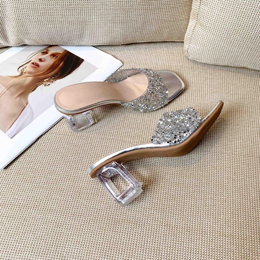 Plus Size One-Strap Rhinestone Chunky Heel Peep-Toe Sandals for Women