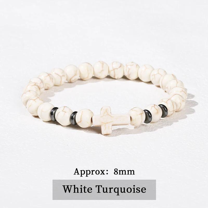 Natural Stone Bead With White Turquoise Cross Bracelets Women Men Classic Stretch Bangles Reiki Elastic Bracelet Gift