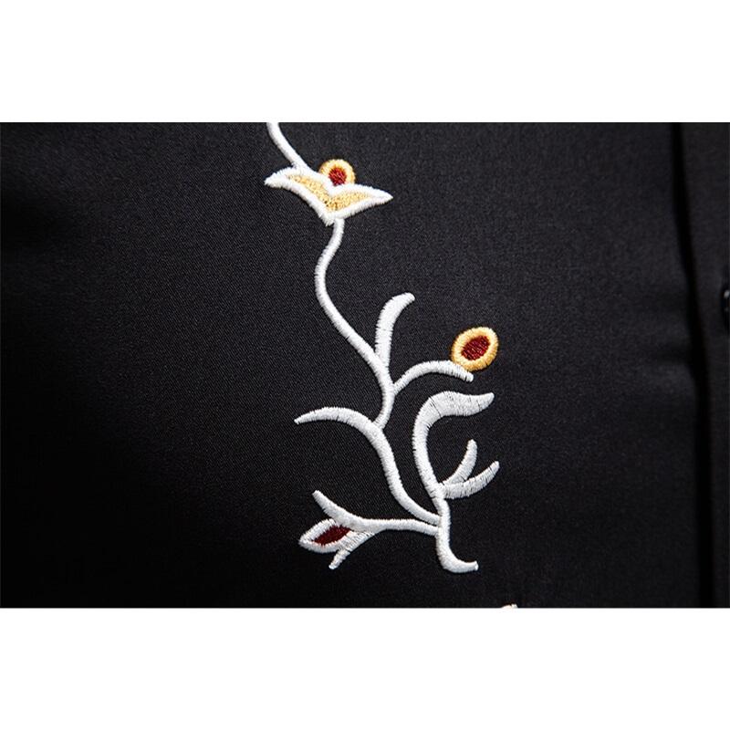 Spring Men's Flower Embroidery Long Sleeve Shirt Casual Exquisite Embroideried Solid Business Office Shirts Male Party Nightclub