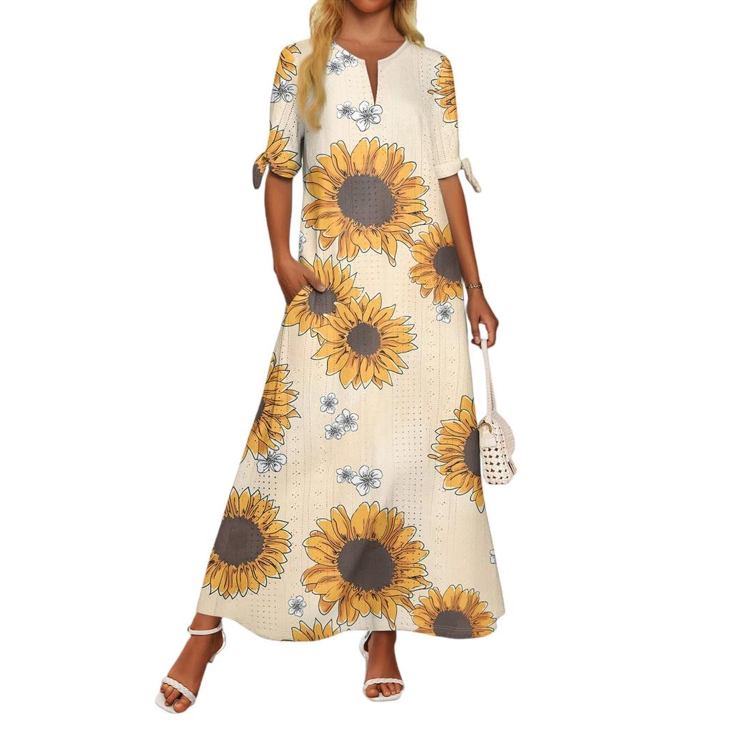 Ladies Casual Fashion Temperament Elegant Waist Patchwork Floral Print Long Dress