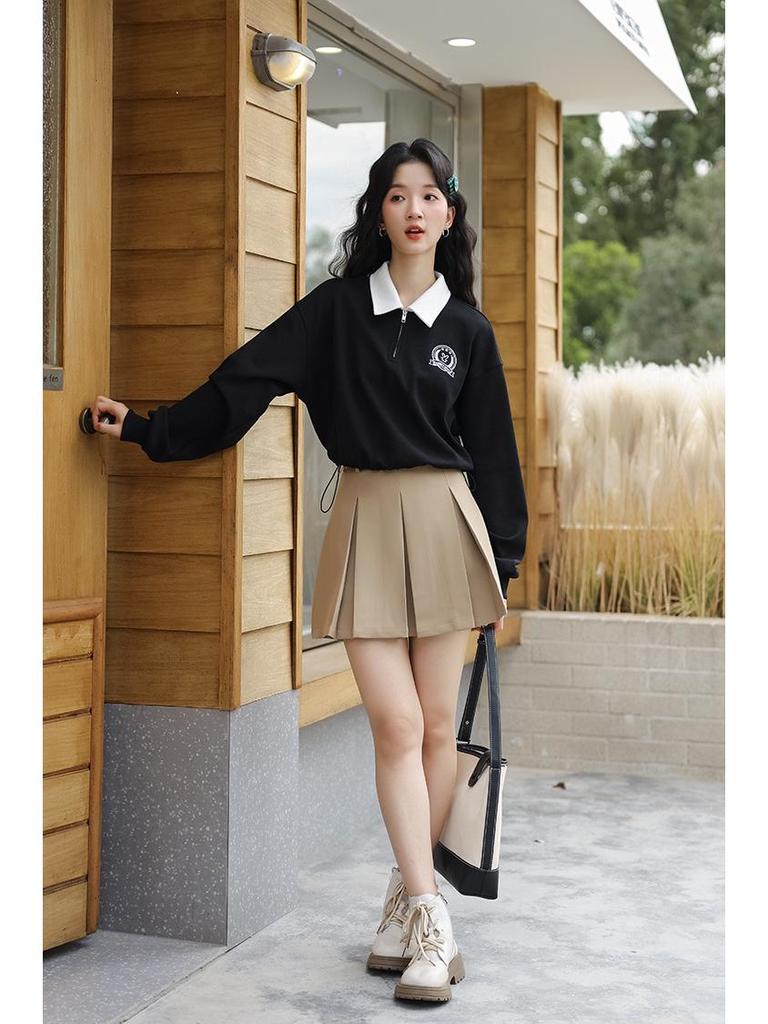 Women's Retro Embroidered Polo Collar Half-Zip Pullover - 2025 Spring/Autumn Collection