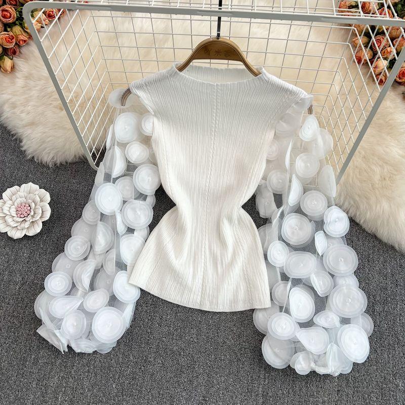 

Flower Long Sleeves Western Style Chic Short Tops Embroider White All yards