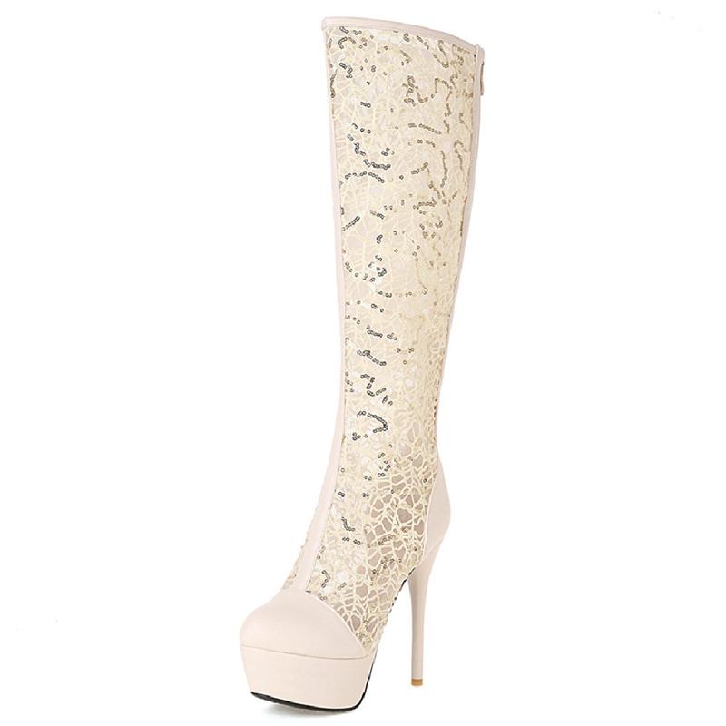 

Літні сітчасті чоботи до коліна для жінок Довгі чоботи на платформі на високих підборах Жіночі сексуальні чоботи на блискавці Чорно-білі мереживні вечірні туфлі Новинка 39 бежевий