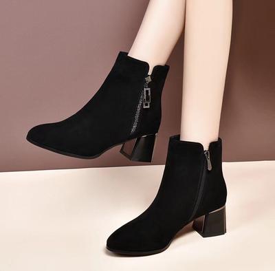 Bottes de mode bottes pour femmes automne et hiver nouveau noir bout rond talon haut bottes en cuir peau de mouton strass fermeture éclair latérale bottines courtes slim