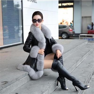 6XL Imitation Fox Fur Big Fur Collar Thick Warm Female Leather Coat Long Slim Fur Coat