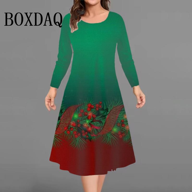 Weihnachtspartykleid Herbst Damen Langarm A-Linienkleider Damen Weihnachten Schneeflocken