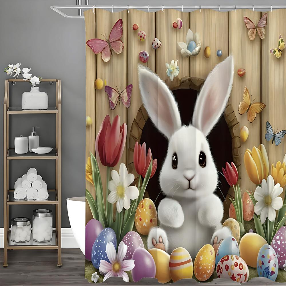 Easter Cute Bunny Shower Curtain, Tree Hole Floral Egg Butterfly Bathroom Decorative Shower Curtain, Waterproof Shower Curtain w