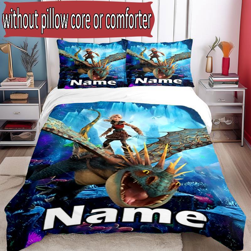3pcs Duvet Cover Set (1*Duvet Cover + 2*Pillowcase, Without Core), Custom Name How to Train Your Dragon Pattern Bedding Set, Home Bedroom Decor Gift