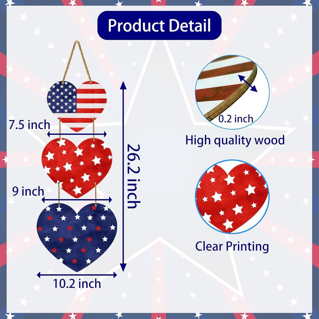 4th of July Decorations Patriotic Wreath Heart Hanging Decor 4th of July Wreaths for Front Door Wooden Front Door Decorations Memorial Day Fourth of