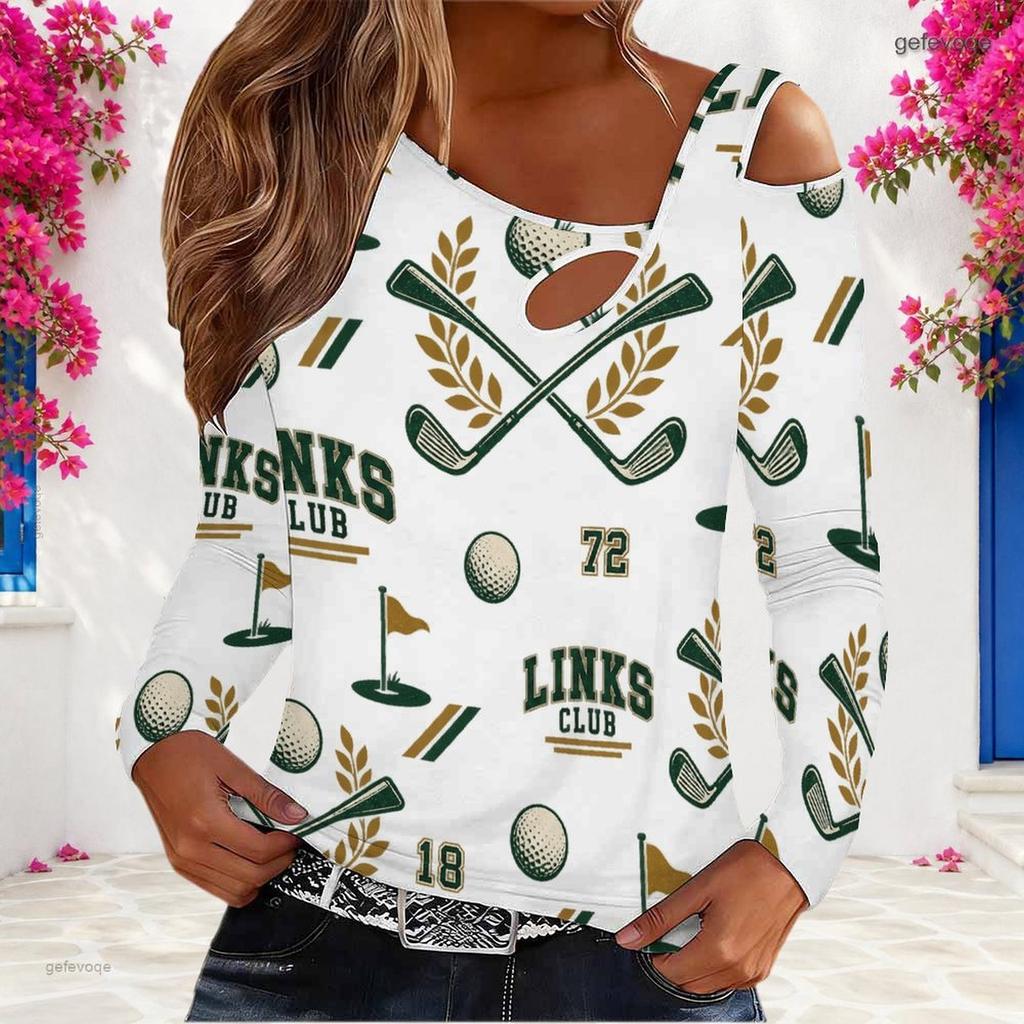 Women Plus Size Asymmetric Cutout Neck Cold Shoulder Long Sleeve Camping Printed Top