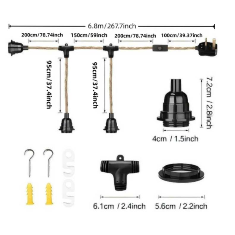 Vintage verdrehtes Hanfseil Hängeleuchten-Set mit 3 Fassungen, Stecker-Hängeleuchten-Set, Pendelleuchten-Kabel-Set-Montage mit Ein-/Ausschalter für Pendel
